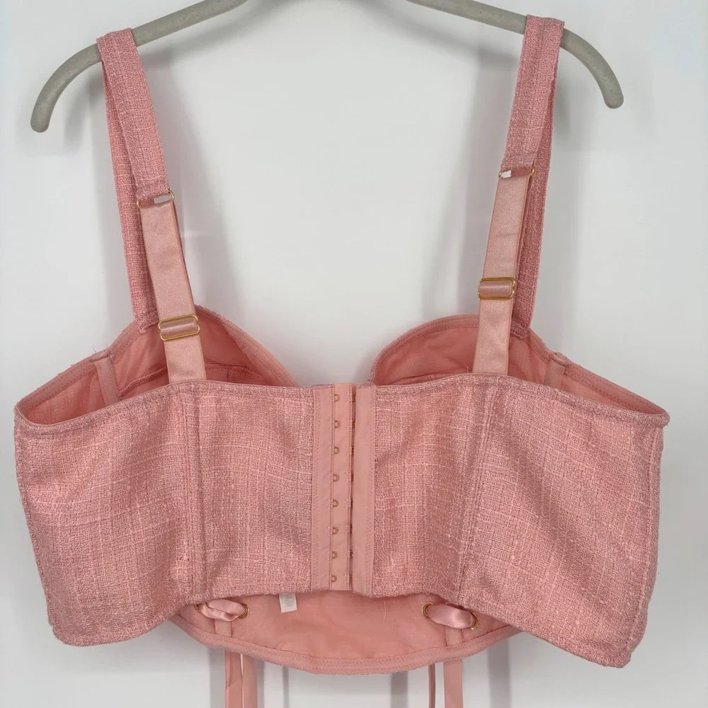 Anthropologie Tweed Corset Bustier Top Sz XL Pink Ribbons Feminine Sexy Romantic - Picture 10 of 14
